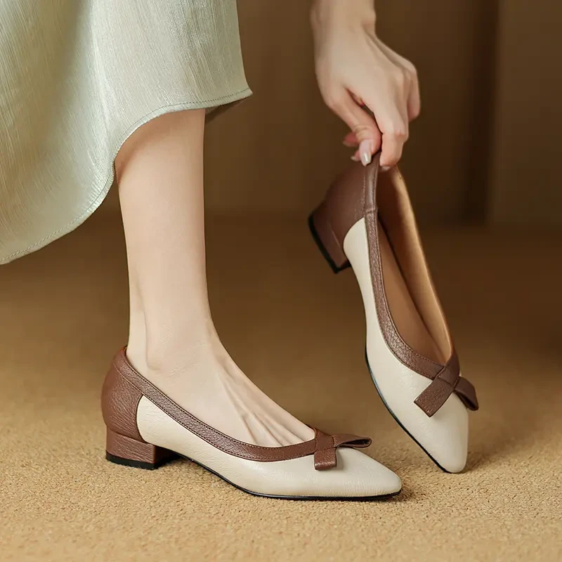 头层羊皮/2.5cm粗跟拼色单鞋女百搭尖头软底软面鞋舒适透气工作鞋