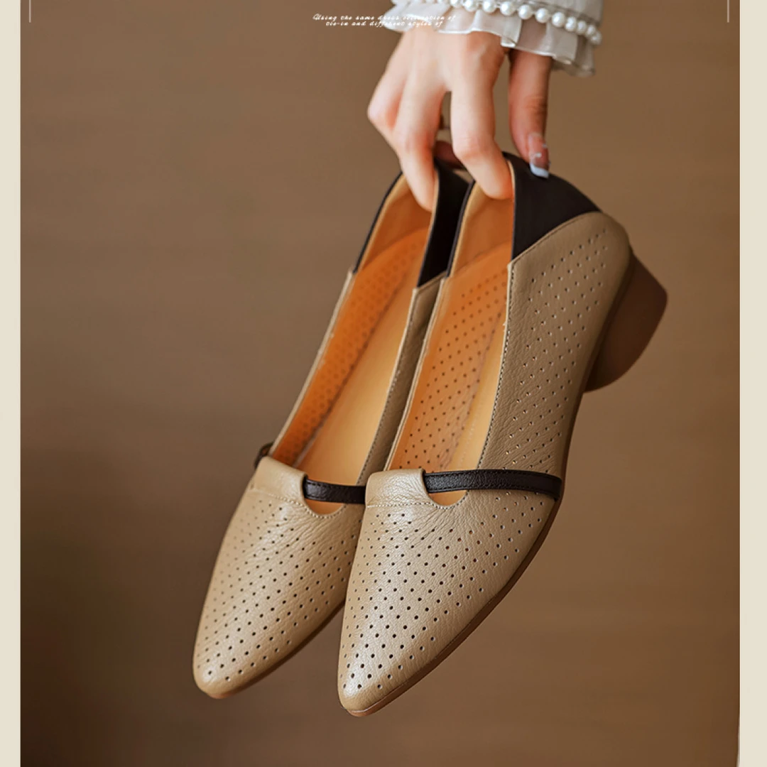 头层羊皮/3cm/软底软面夏季透气镂空单鞋百搭浅口粗跟一脚蹬单鞋