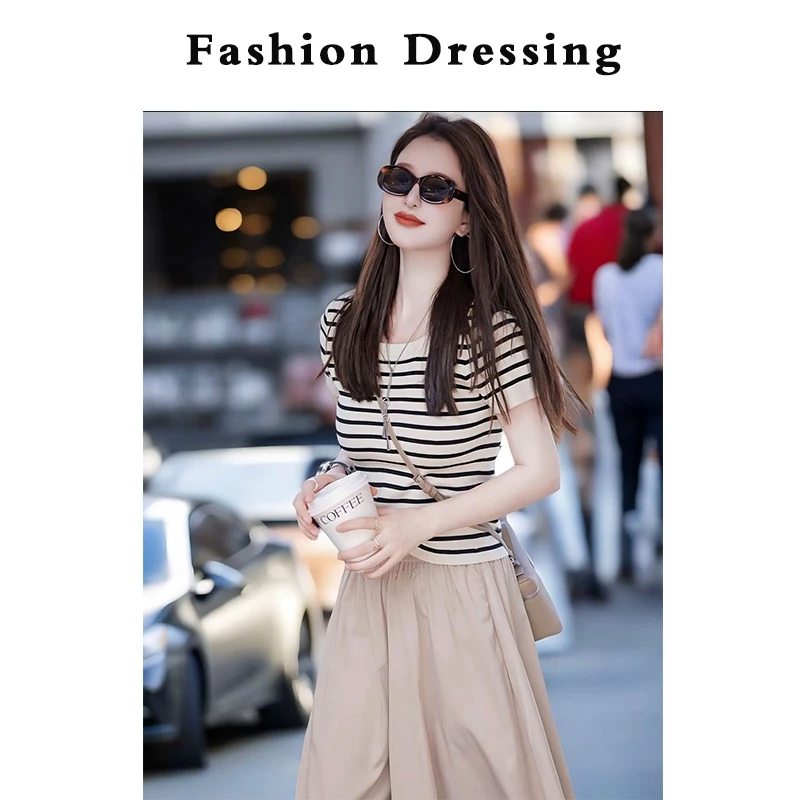 黑白条纹正肩短袖t恤+八分裙裤修身显瘦套装HG1368+HY1355 CC