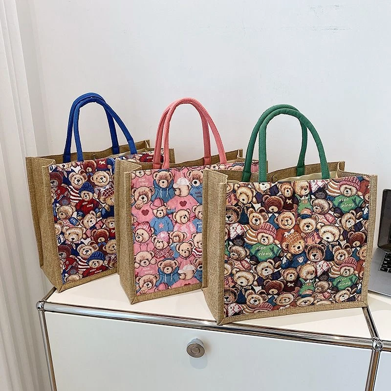 【大号吸扣款】夏季新款防水PU熊手提包时尚百搭亚麻包大容量妈咪包