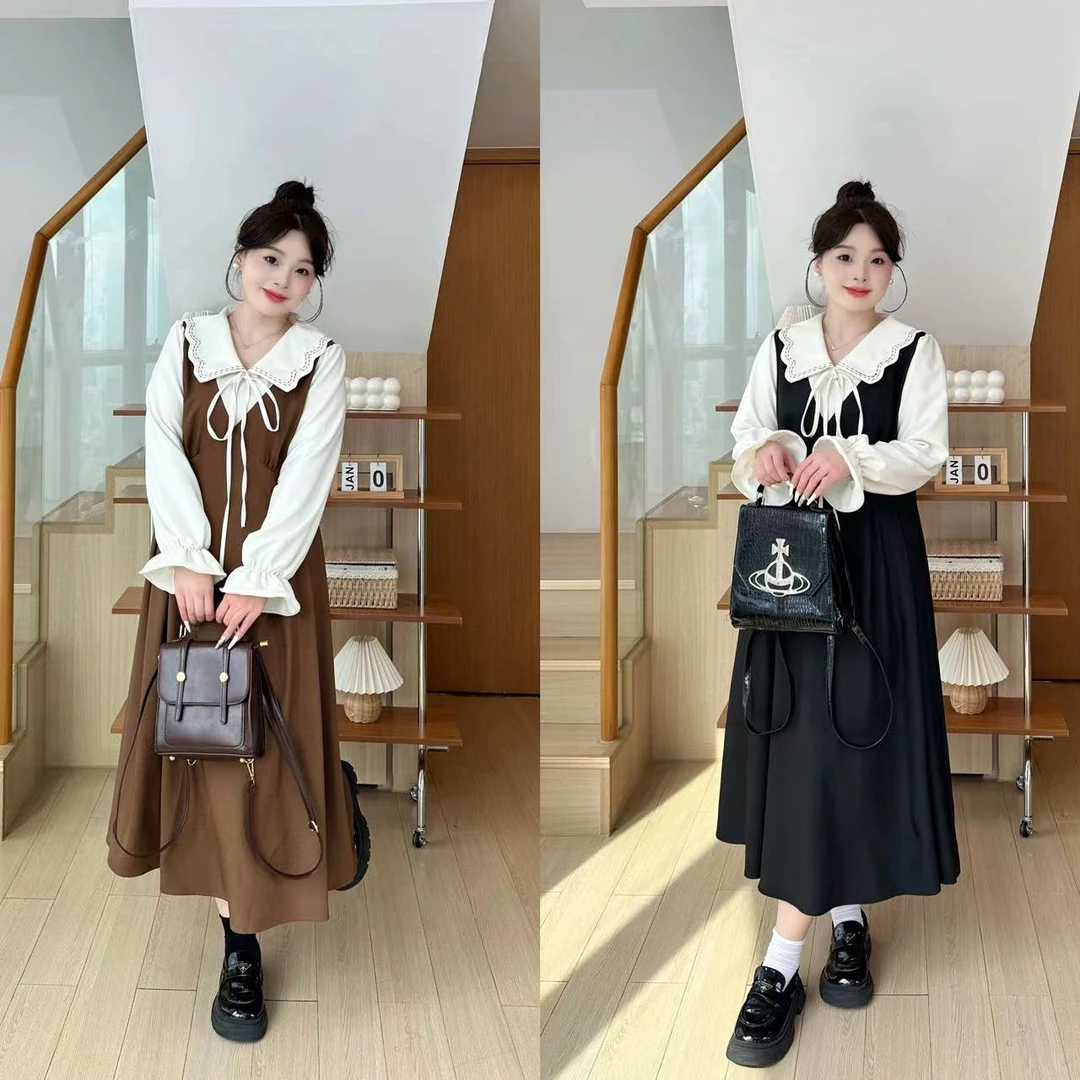 心心宠粉【秋物语】复古风娃娃领衬衫收腰显瘦假两件大码显瘦连衣裙