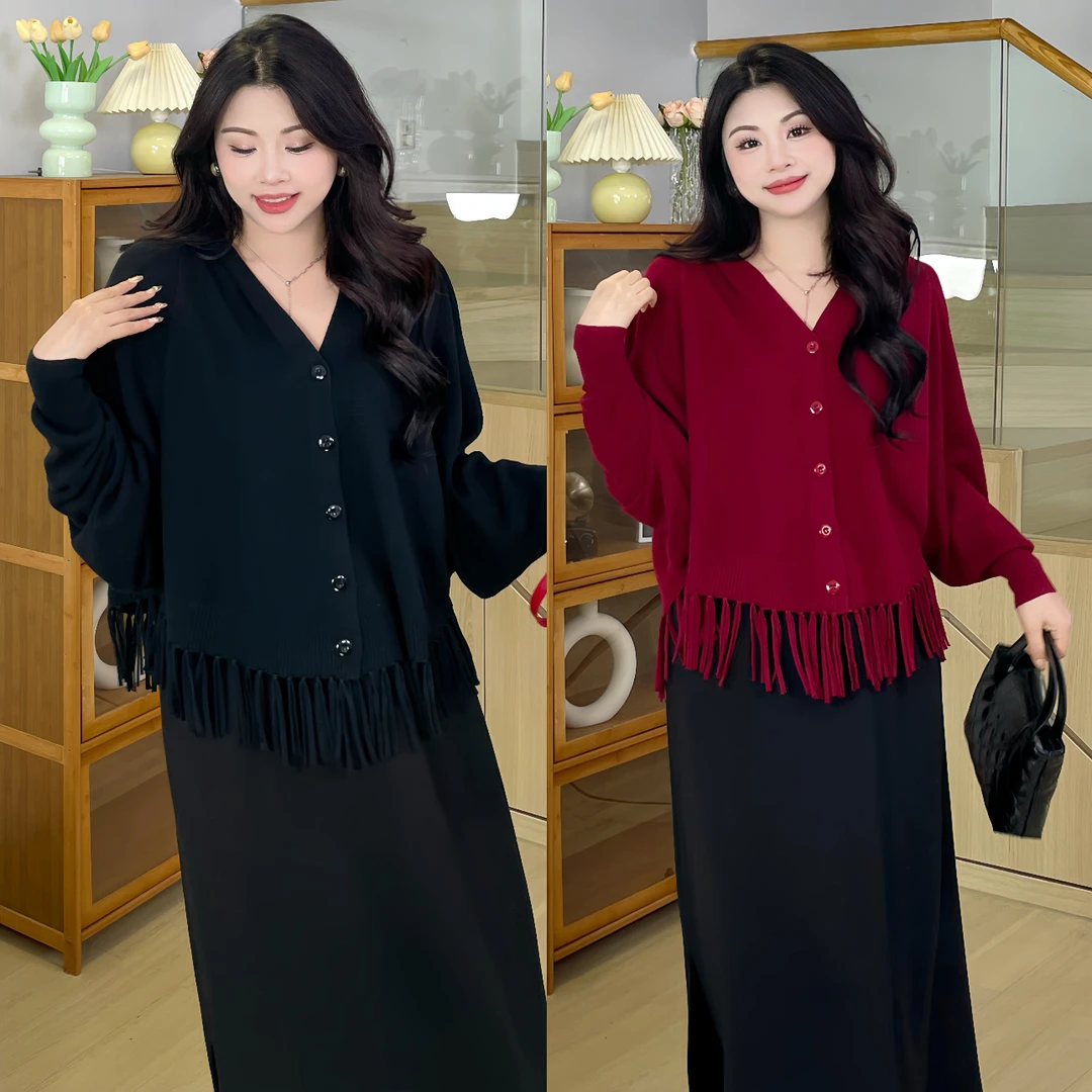 现货【手工流苏】（连帽款)针织外搭针织开衫上衣直筒半身裙套装