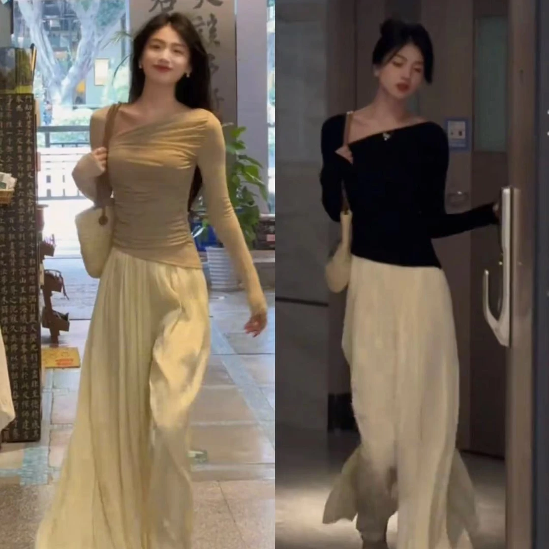 今年流行纯欲风套装女春夏时尚斜肩显瘦上衣高腰阔腿裙裤两件套潮