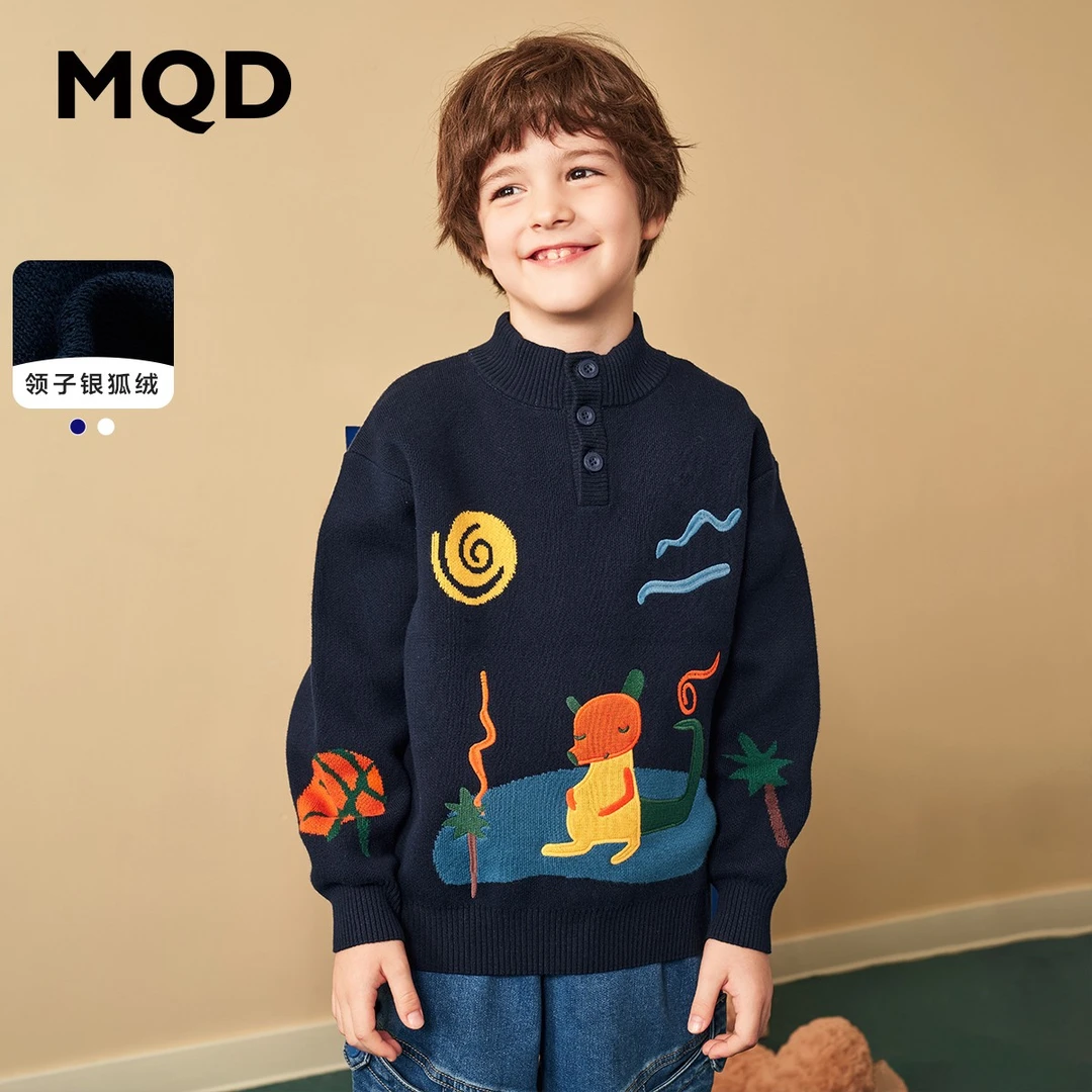 MQD男童卡通宽松半开襟毛衣23冬宽松加绒针织衫儿童时尚922430725