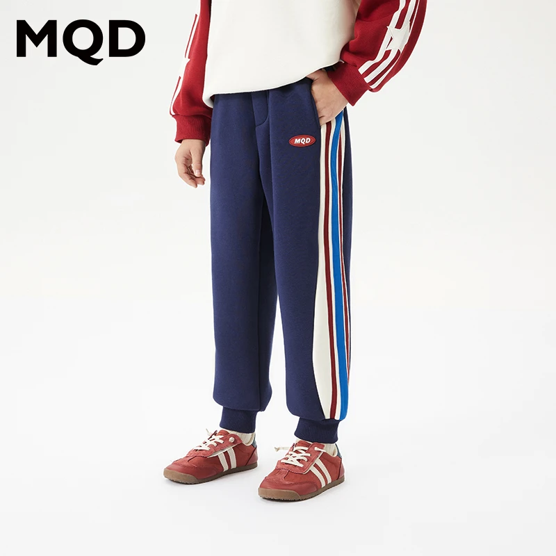 MQD童装儿童23冬新款加绒加厚撞色条杠学院风针织长裤9634W16B6