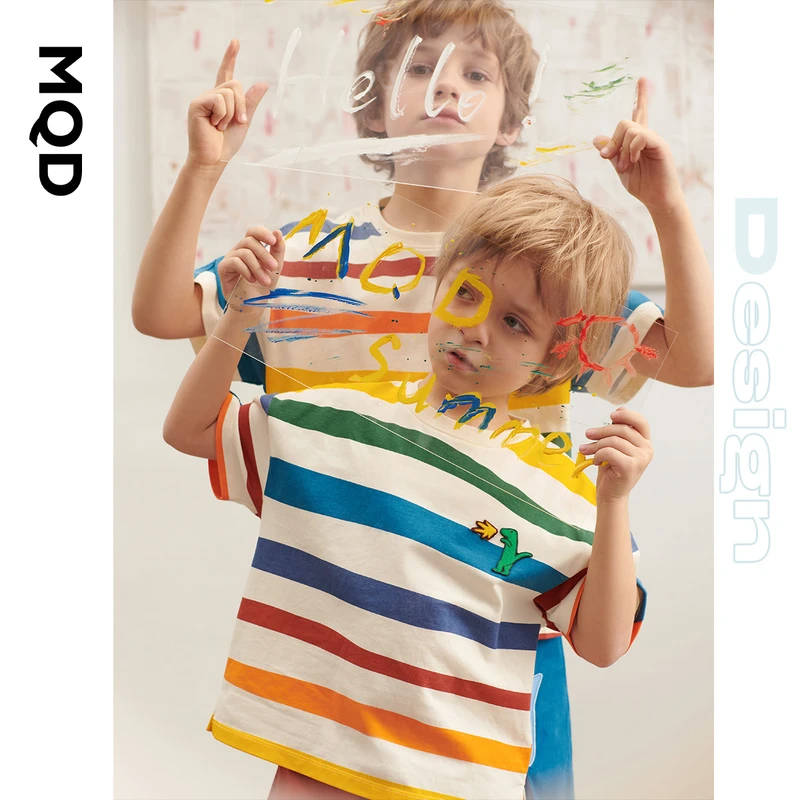 MQD男童短袖T恤夏新款儿童彩虹条纹T恤亲子装时尚中大童9222X0318