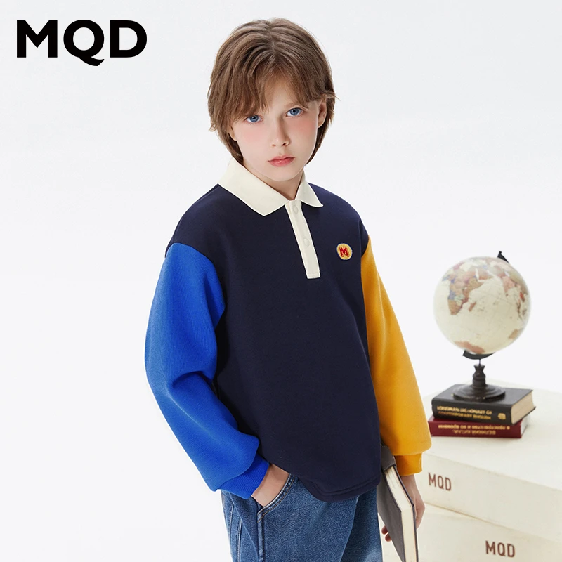 MQD童装儿童冬新款撞色拼接加绒休闲学院风半开襟卫衣9634W06R6