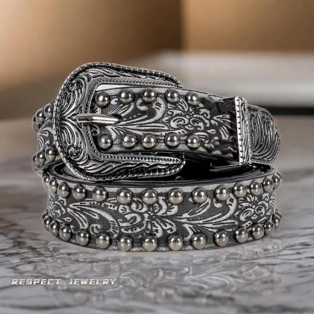 RESPECT Y2k复古做旧铆钉压花黑色腰带嘻哈百搭