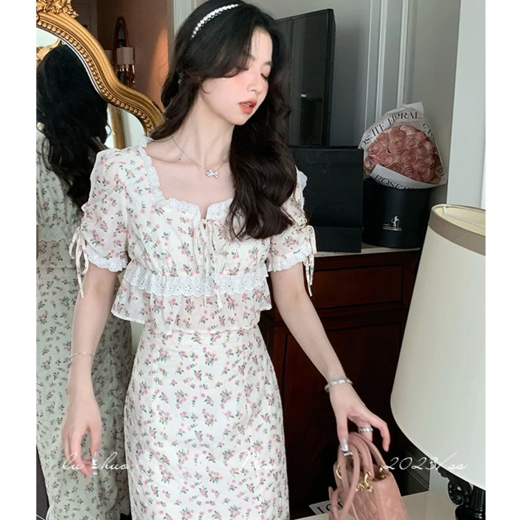 LZ00721 鹿阿姨卓叔叔◆小香风碎花套装裙女夏娃娃领甜美气质上衣