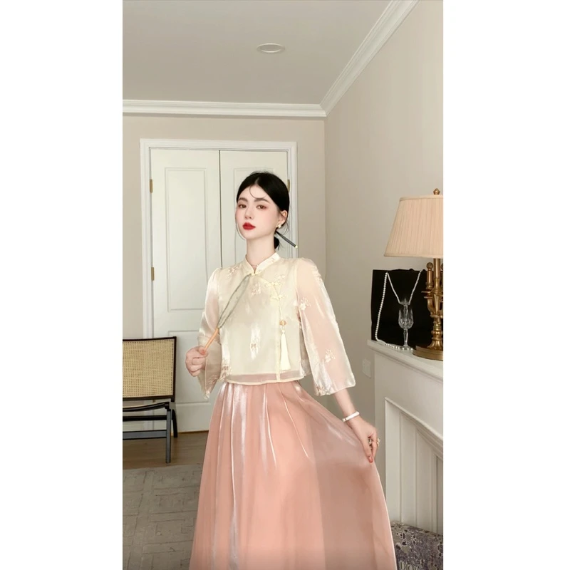 LZ00828鹿阿姨卓叔叔◆新中式手工定制上衣女夏梅花杏复古套装