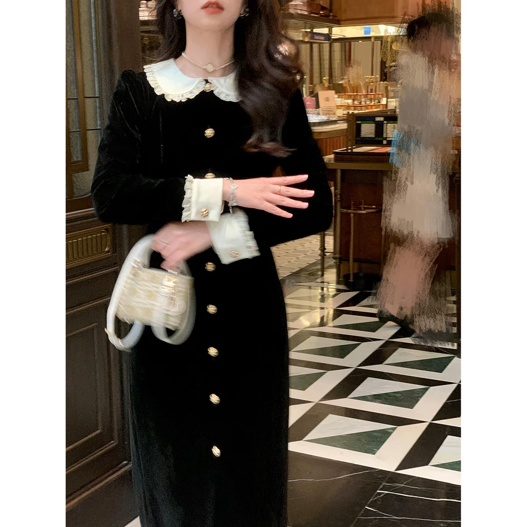 LZ01620鹿阿姨卓叔叔◆复古风高级感丝绒连衣裙女秋季小香风长裙