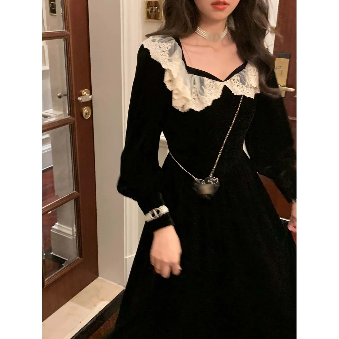 L-3653鹿阿姨卓叔叔◆派对焦点 女明星轻奢高定黑色丝绒连衣裙秋冬