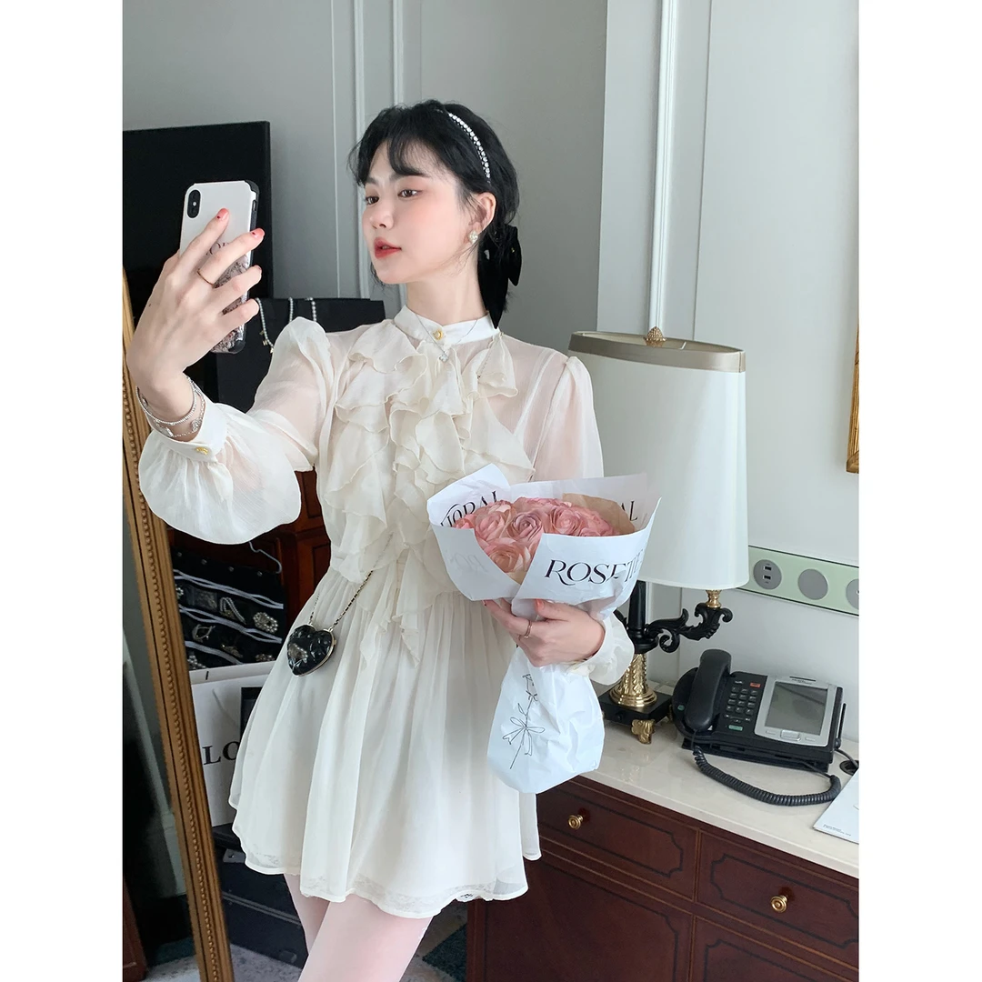 L-3970◆鹿阿姨卓叔叔◆法式长袖仙气收腰显瘦甜美衬衫连衣裙女2023