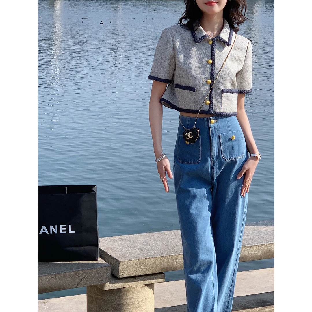 C-5029鹿阿姨卓叔叔◆小香风高级感上衣女夏季立领修身显瘦T恤