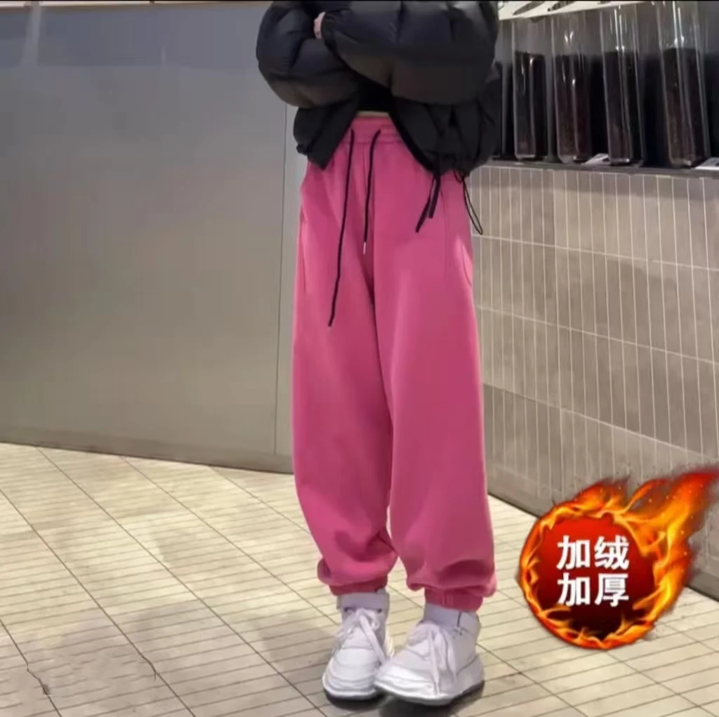 冬季加绒韩版高腰显瘦小马刺绣休闲裤百搭运动裤女宽松束脚卫裤子