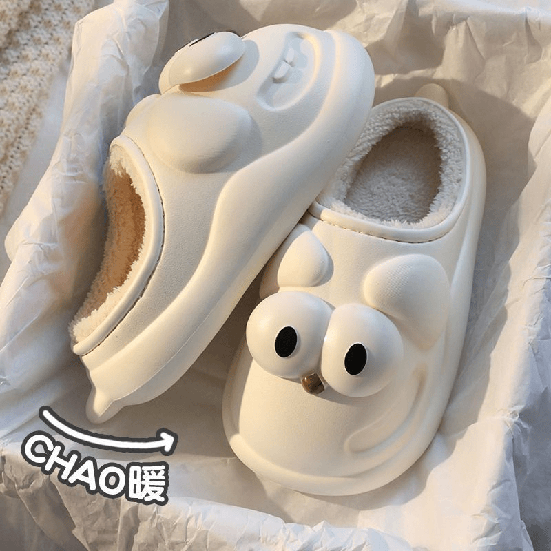 女冬季可爱卡通情侣家用防滑厚底踩屎感外穿拖鞋大眼狗防水棉拖鞋