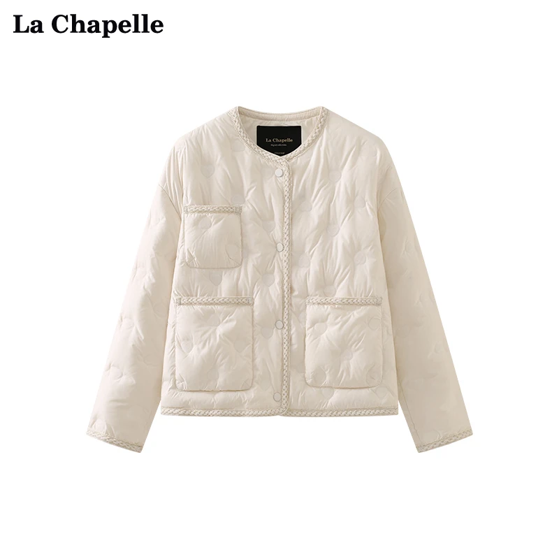 拉夏贝尔LaChapelle圆领编织花边爱心压花小香风羽绒服外套女冬