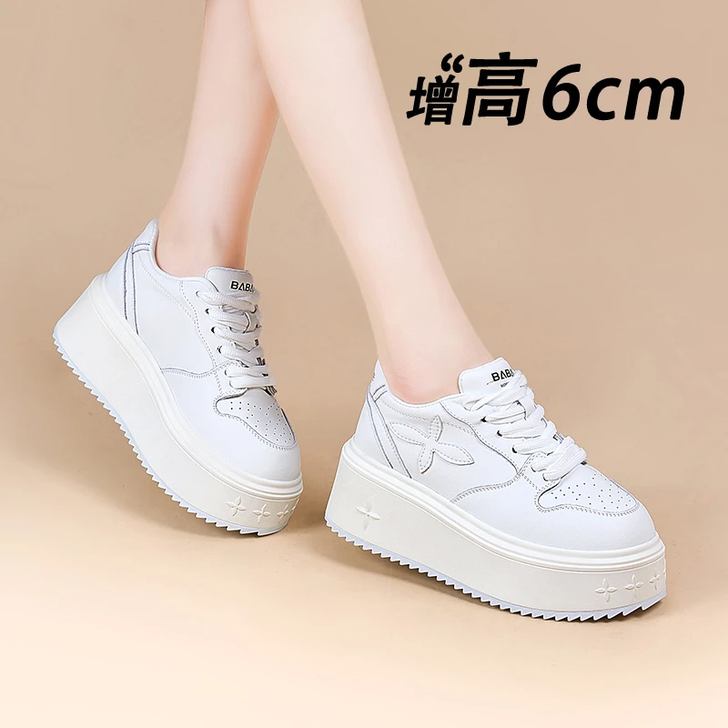 巴巴克大叔6CM真皮小白鞋女2024秋季百搭松糕厚底增高女鞋BBK5630