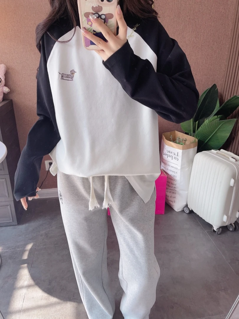 新款yongwill小羊纸袋家1138精梳棉插肩撞色拼色打底衫（线绣狗）