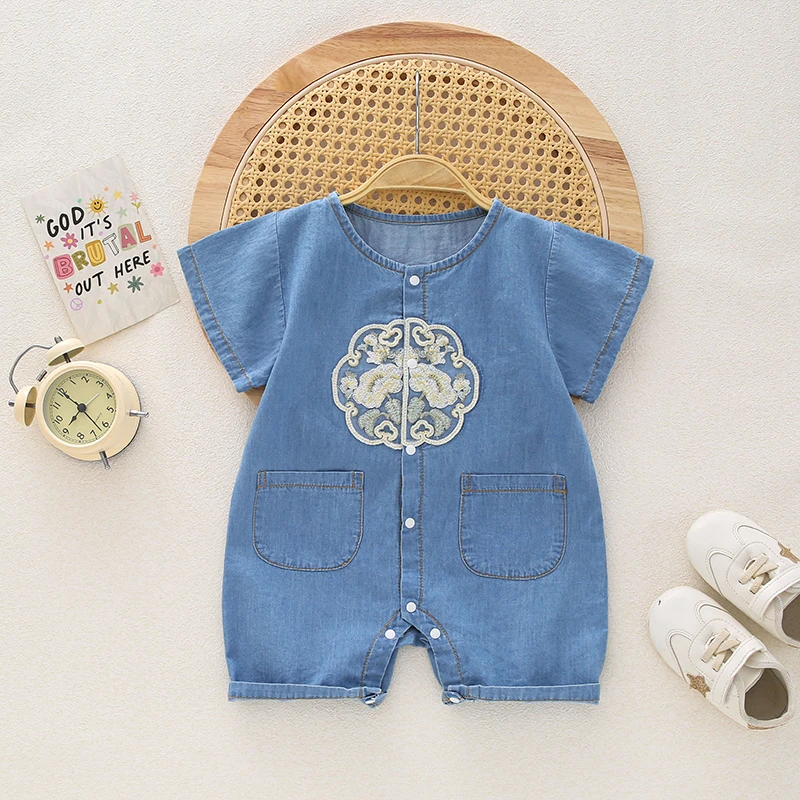 国风牛仔短哈衣小熊婴幼儿宝宝爬爬服连身衣婴儿洋气休闲薄款