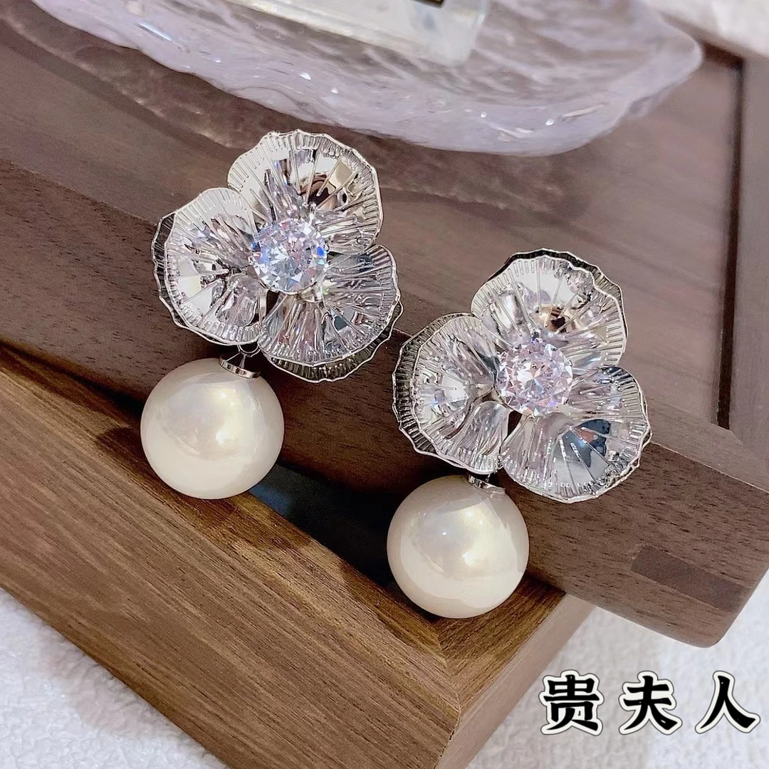 铜合金锆石耳饰 冰花生珠精致优雅高级感耳钉气质轻奢时尚