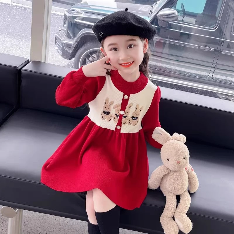 女童针织连衣裙秋冬季2023新款女儿童礼服拜年服长袖冬装公主裙子