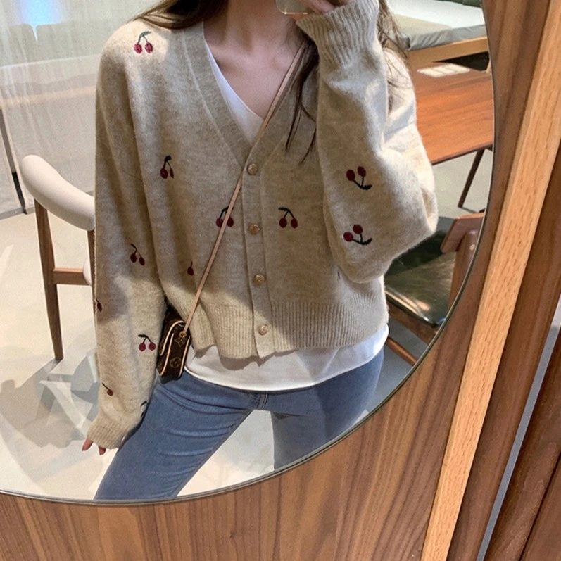 针织衫女短款开衫春装2023新款宽松v领薄款外搭上衣春秋毛衣外套