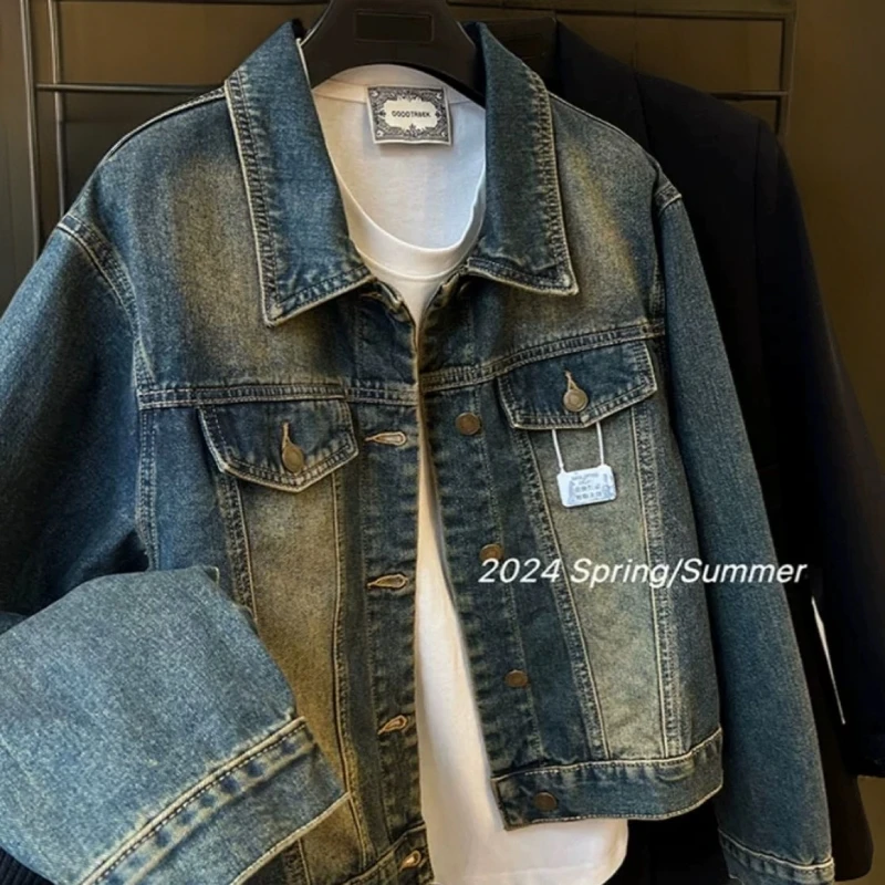 翻领美式水洗复古牛仔外套女春秋休闲宽松显瘦百搭夹克