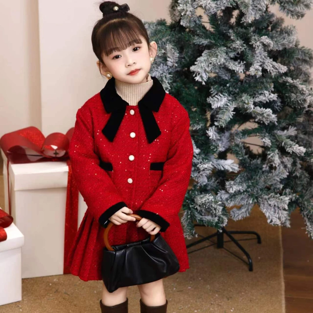 洋气女童小香风拜年服加绒加厚套装红色（001-043，根据编码拍）儿童