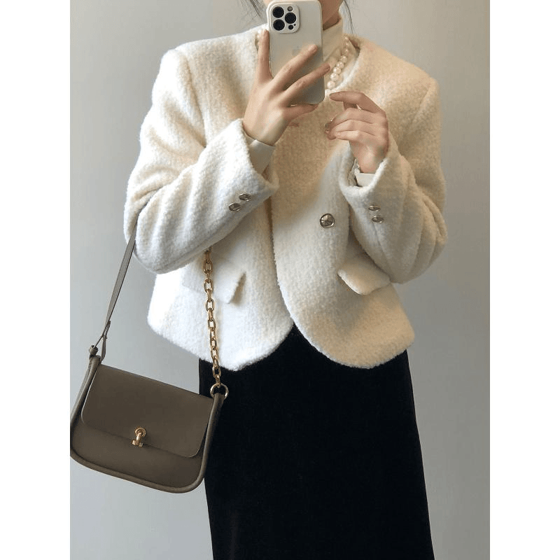 加棉加厚毛呢外套女冬季新款名媛风粗毛呢保暖小香风短款上衣