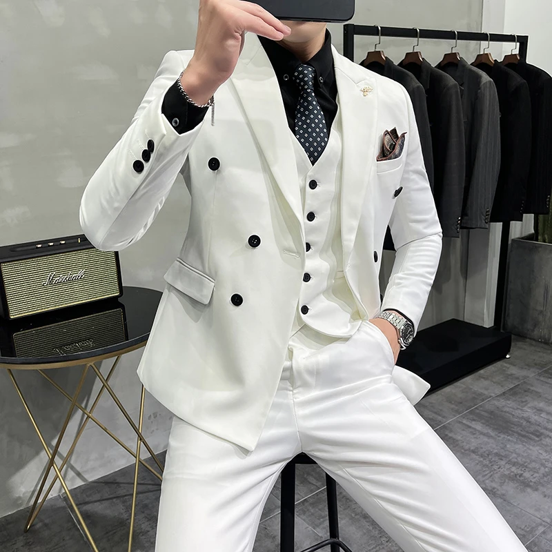LJT10狂飙高启强同款韩版修身小西装白色西服套装结婚双排扣男士