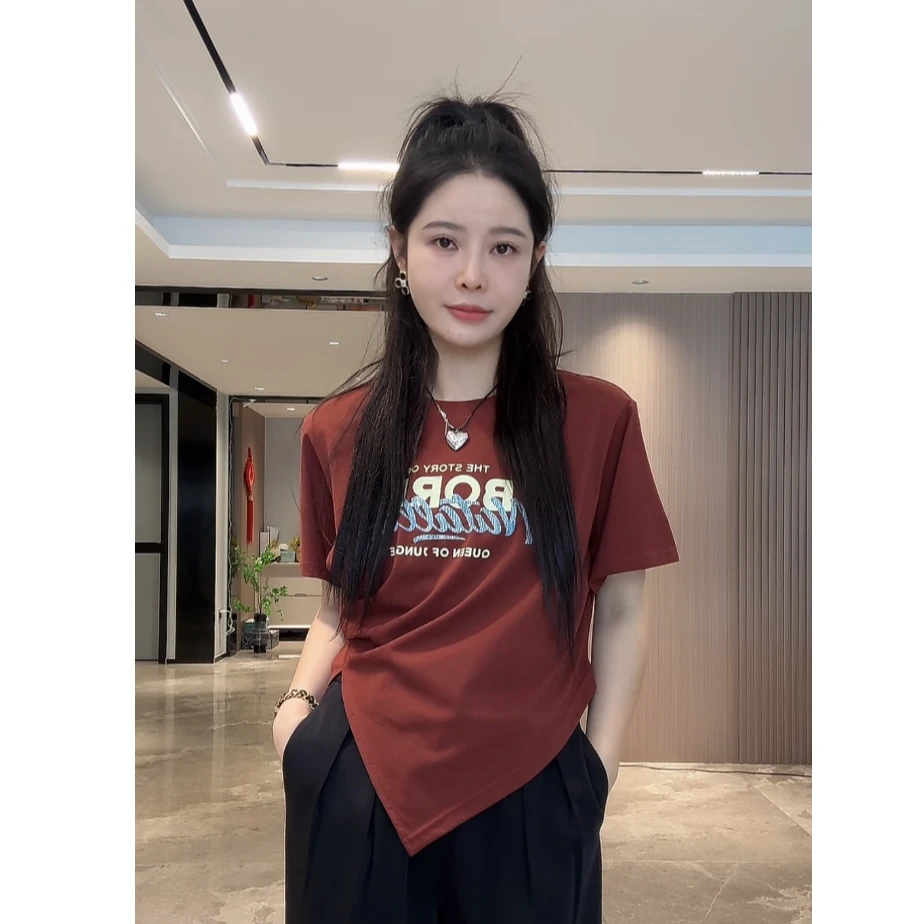 宿慕SUMU 下摆不规则字母T恤 5-17夏季2024新款百搭短袖上衣19672