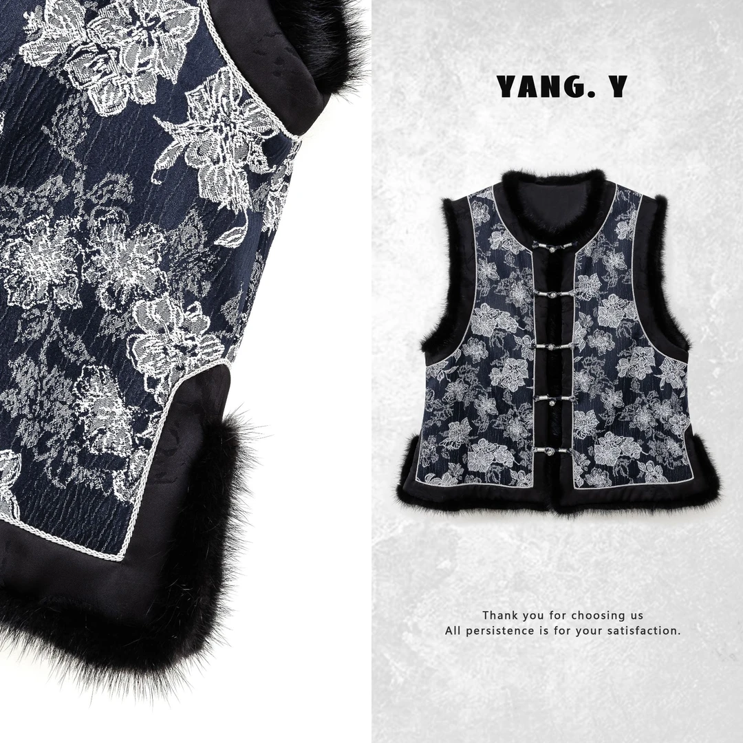 YANG.Y-【盼棠梨晚】深圳原创中式国风女桑蚕丝水貂毛夹棉马甲90895