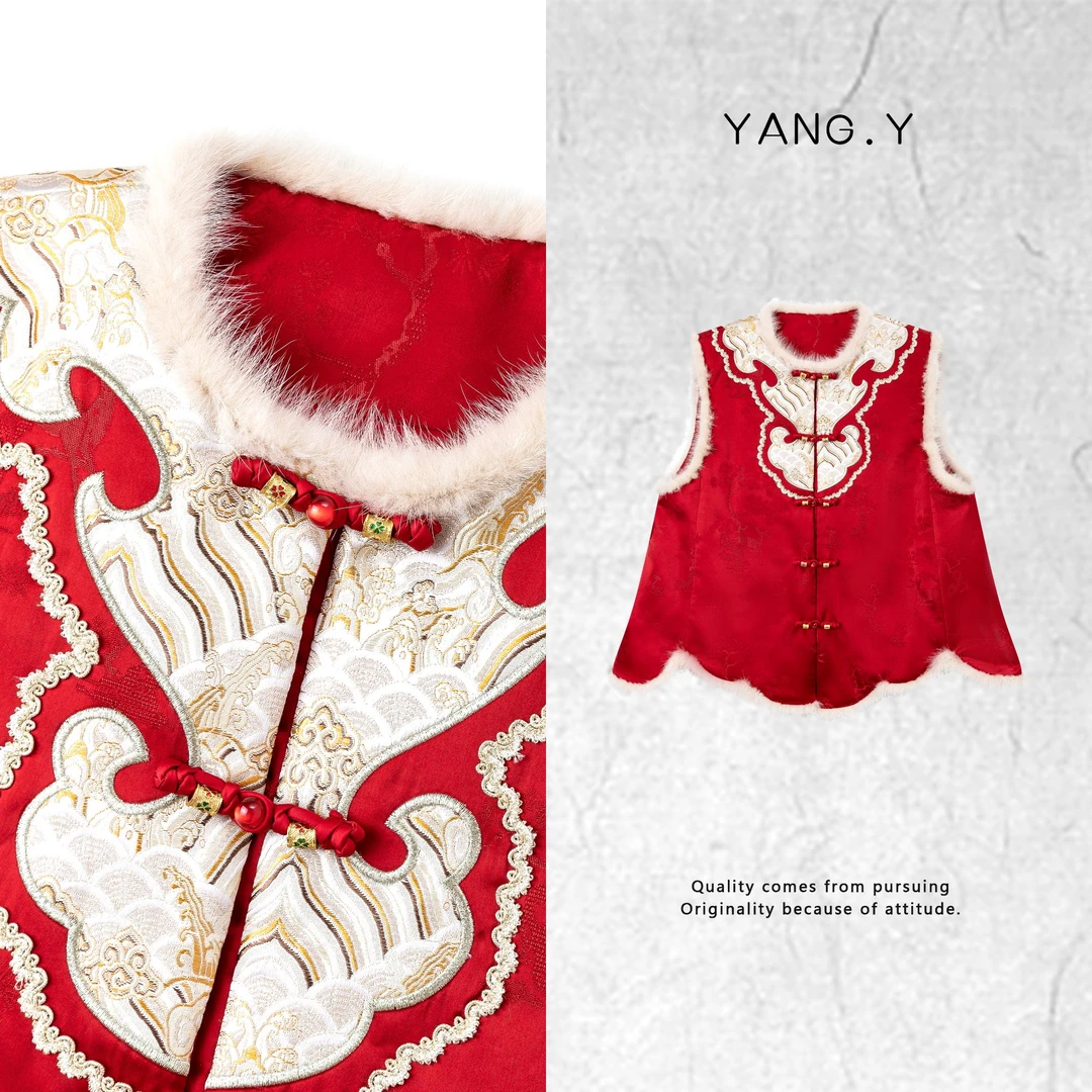 YANG.Y- 【云起天山】深圳原创中式女装桑蚕丝水貂毛夹棉马甲91078