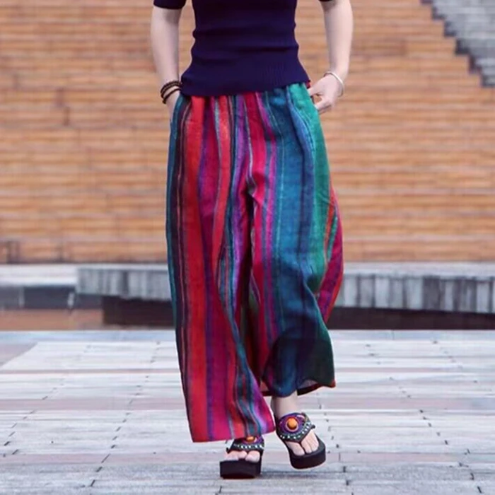 2024夏季复古文艺休闲度假清凉撞色条纹苎麻天丝民族风阔腿裤长裤