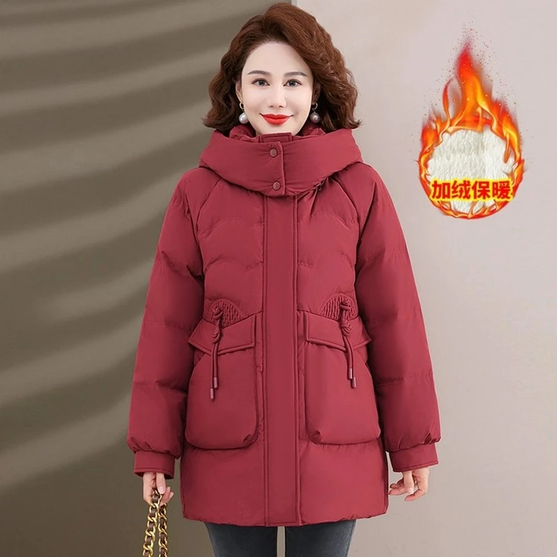 妈妈冬季加绒加厚棉服大码2024新款气质中老年女装中长款棉衣外套