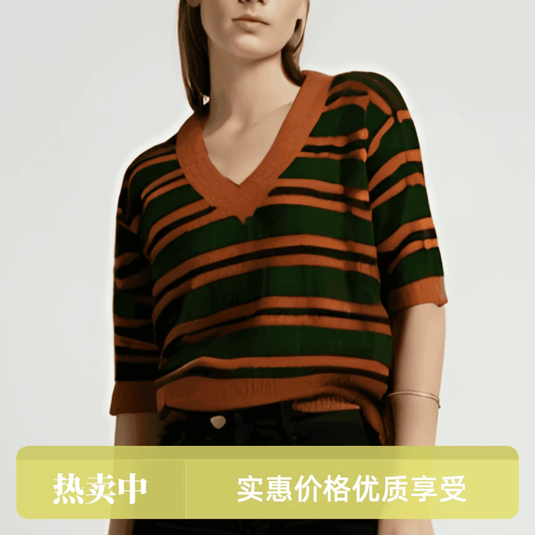 果梓双条纹（鸡心领）短袖-果梓067