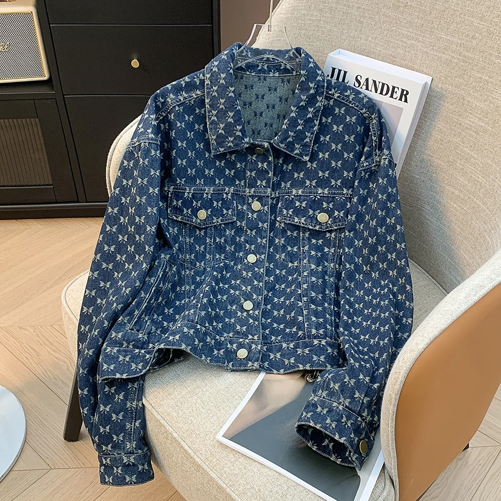 2024秋季复古做旧提花牛仔短外套女百搭宽松显瘦气质休闲夹克上衣