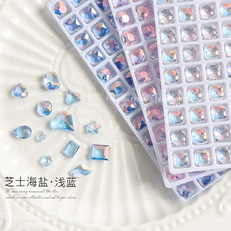春夏新款超闪透色海盐芝士白粉蓝尖底玻璃美甲钻