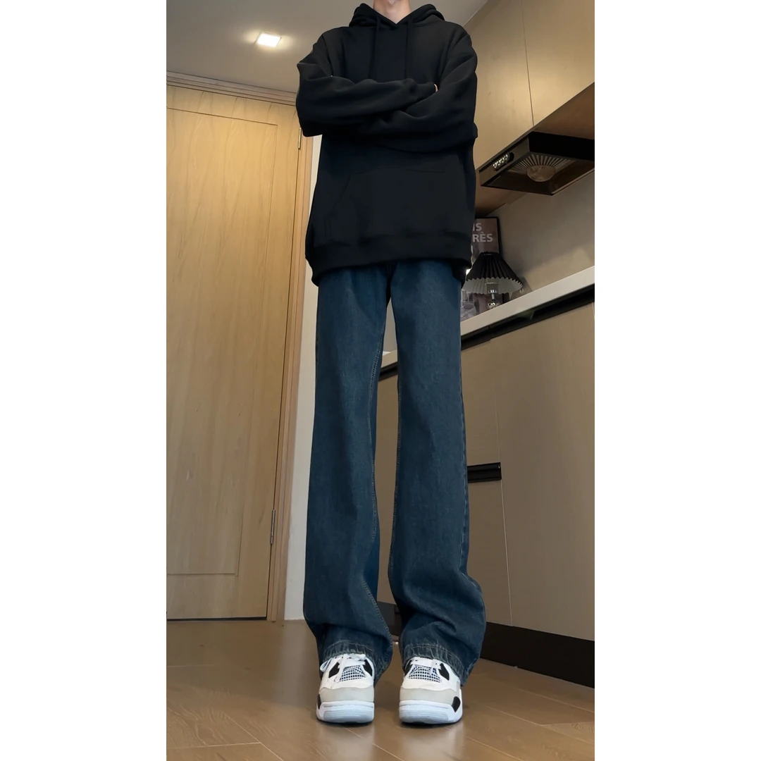 蓝色牛仔裤男款春秋美式高街痞帅微喇裤高级感青少年水洗直筒裤子