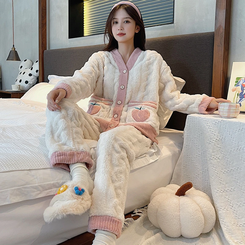 冬季睡袍女加厚长毛可爱卡通学生睡骑行保暖衣家居服珊瑚绒两件套