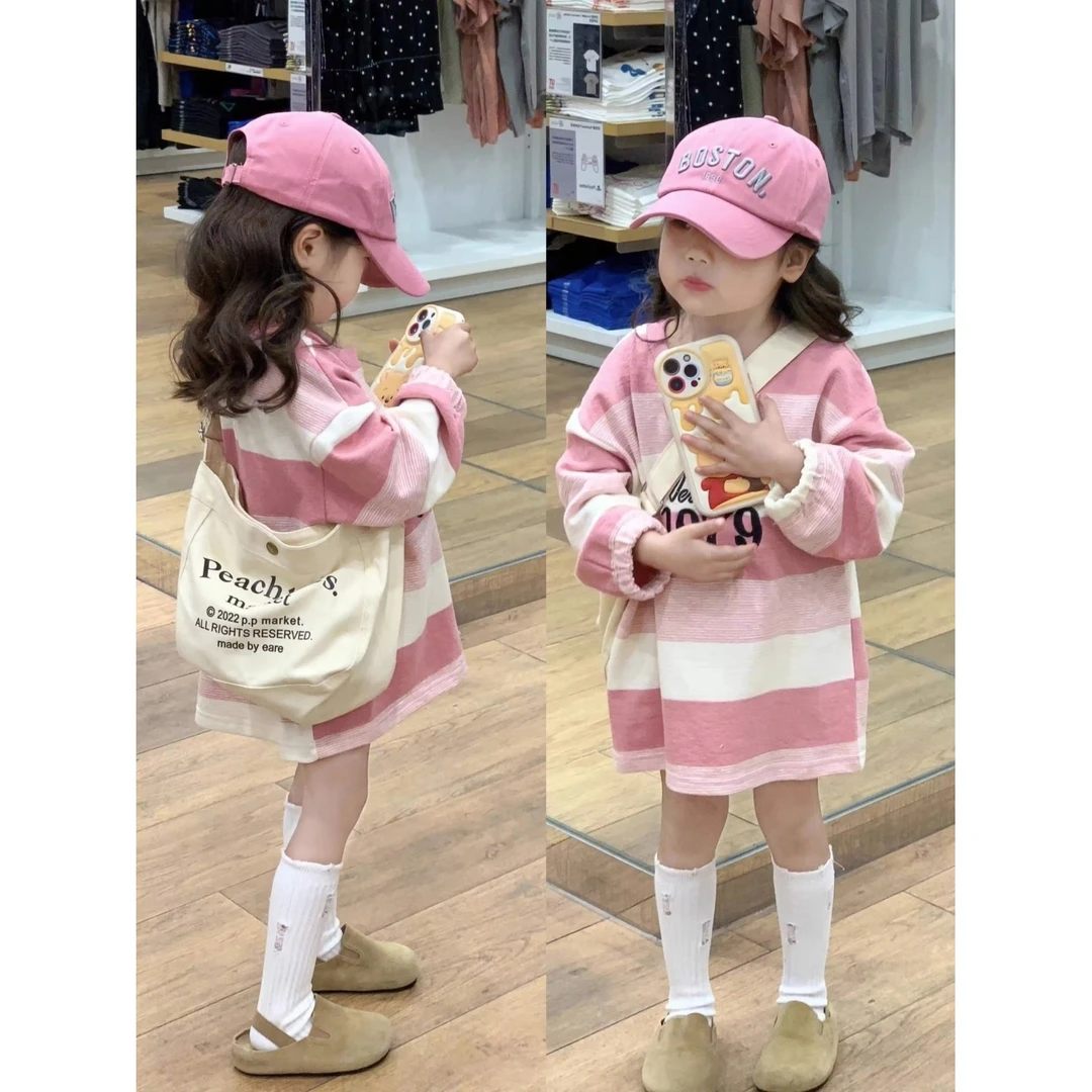 儿童装女童条纹T恤长袖秋装新款中小童女宝宝洋气中长款上衣t春秋