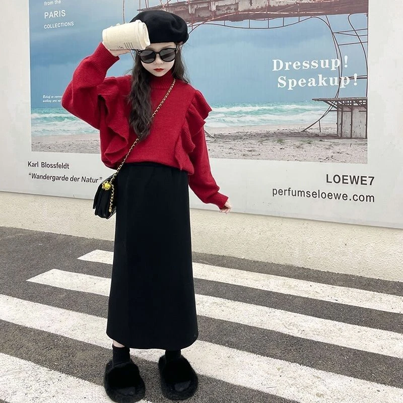 女童黑色针织半身一步裙子秋冬儿童洋气中长款修身开叉包臀裙潮