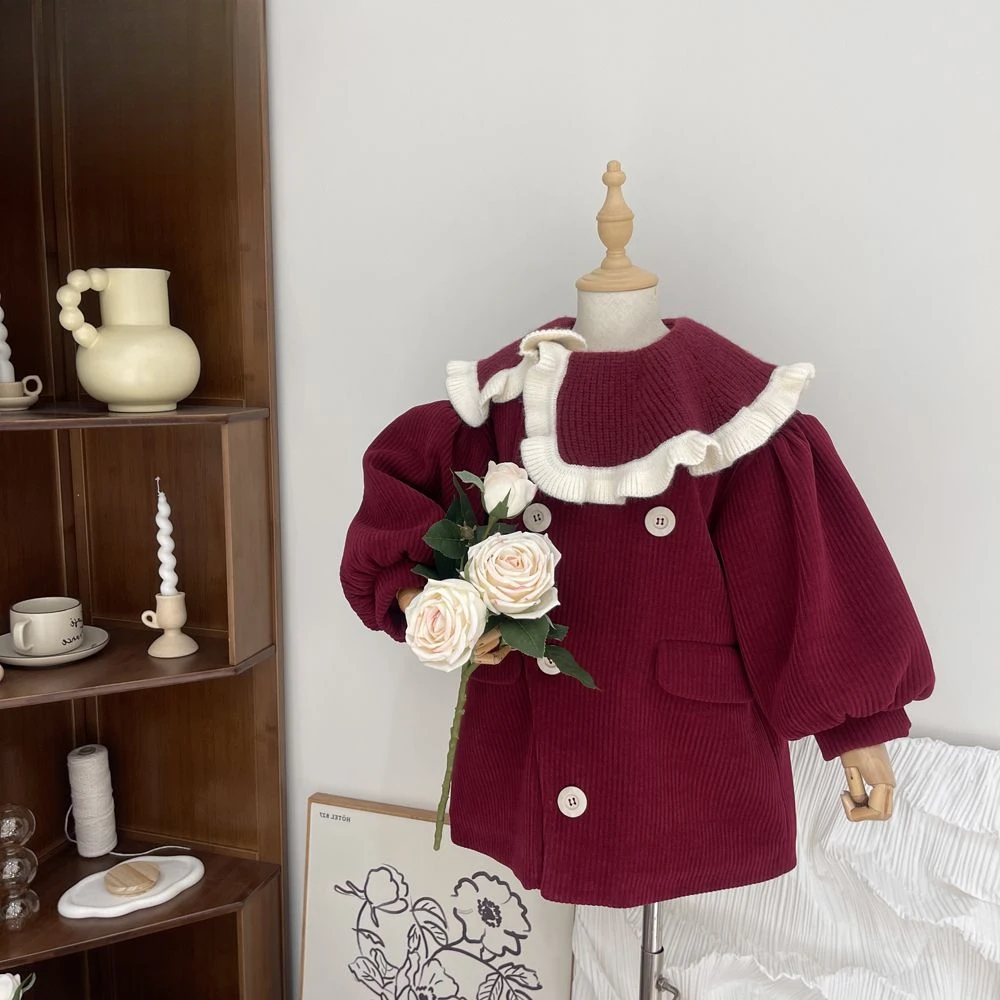 女童时尚花边领洋气红色外套儿童坑条纹时髦灯笼袖针织大衣