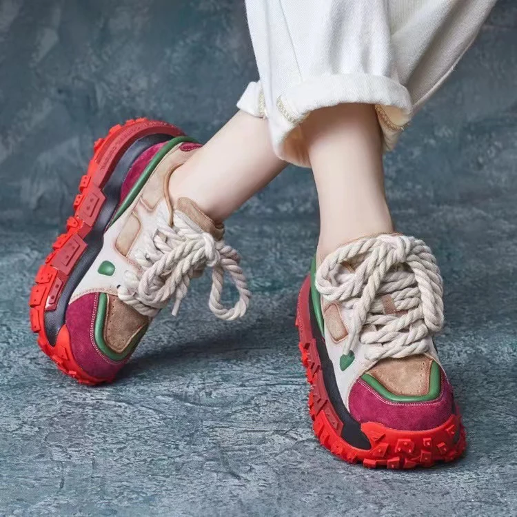 高品真皮复古厚底单鞋运动鞋老爹鞋拼色耐磨潮流时尚休闲鞋，6615