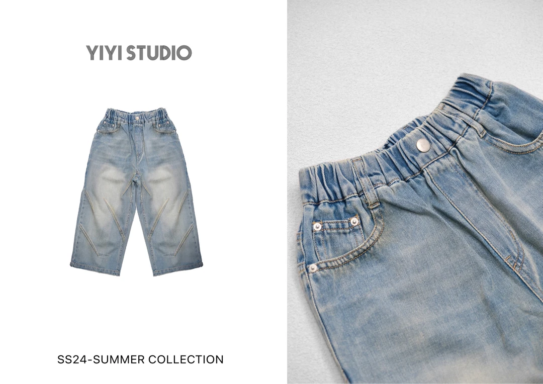 YiYi 童装薄款打褶直筒牛仔裤0294