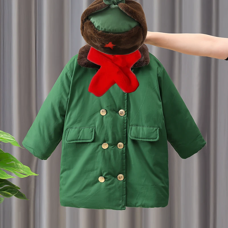 儿童冬装绿大衣外套男童东北抗寒超厚实中长款中大童保暖外套