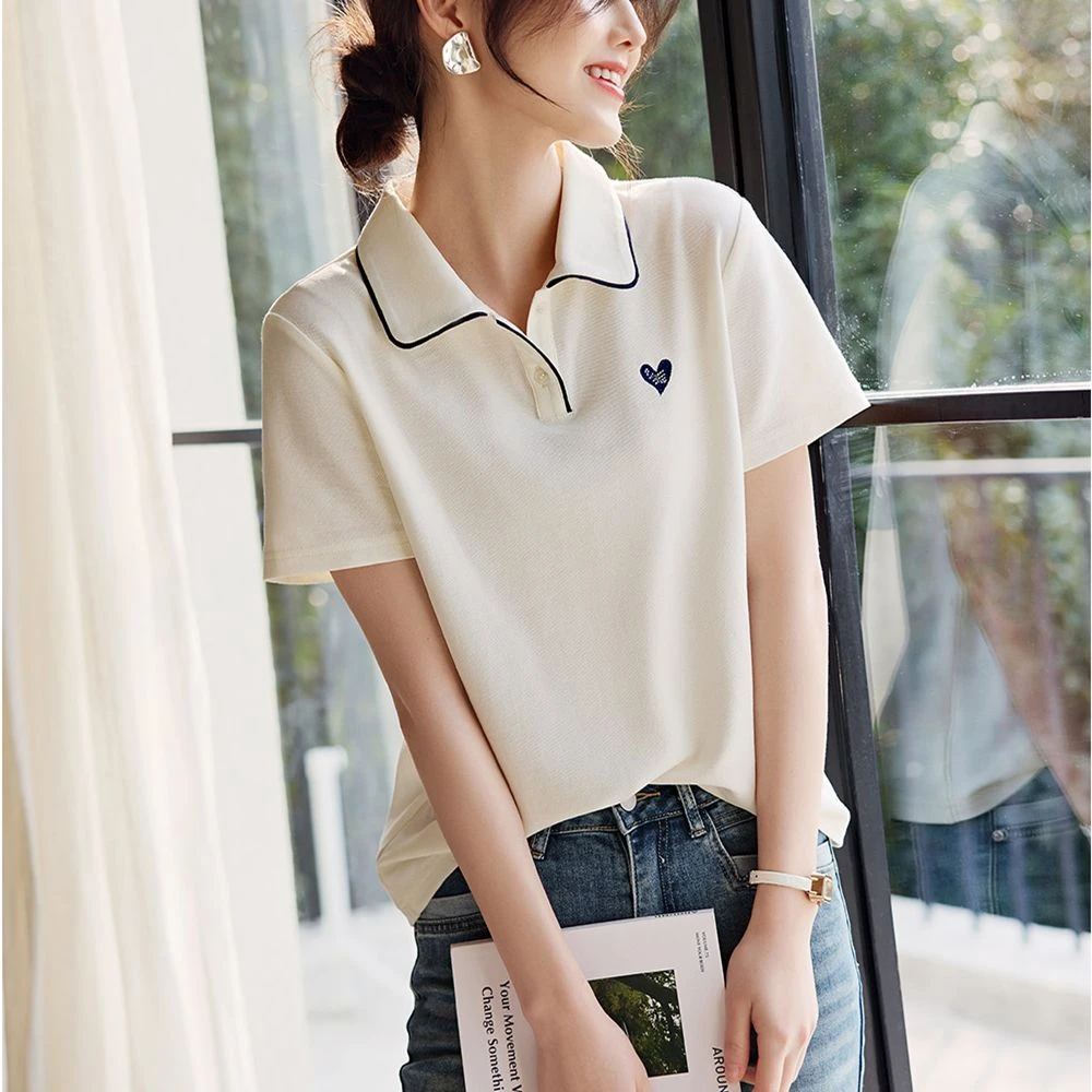 拼接撞色短袖T恤女2024夏季新款爱心刺绣翻领休闲百搭显瘦polo衫