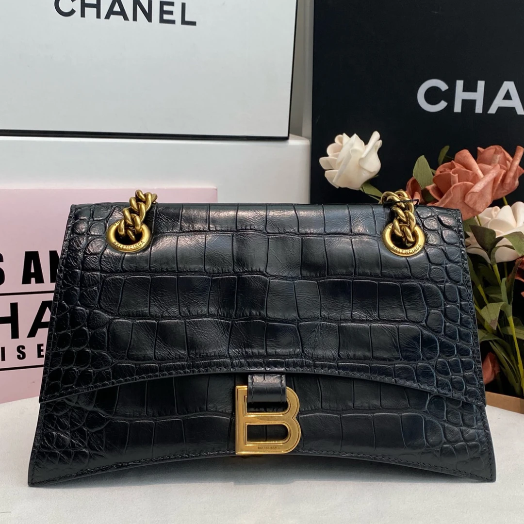 全新未使用 Balenciaga/巴黎世家 黑金鳄鱼压纹crush小号单肩斜挎