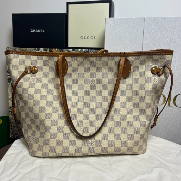 95新 LouisVuitton/路易威登 白棋盘格neverfull手提包法式尤莱特